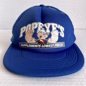 NWOT Popeye's Supplements Blue Trucker Hat Snapback Cap Popeye Logo Foam Mesh